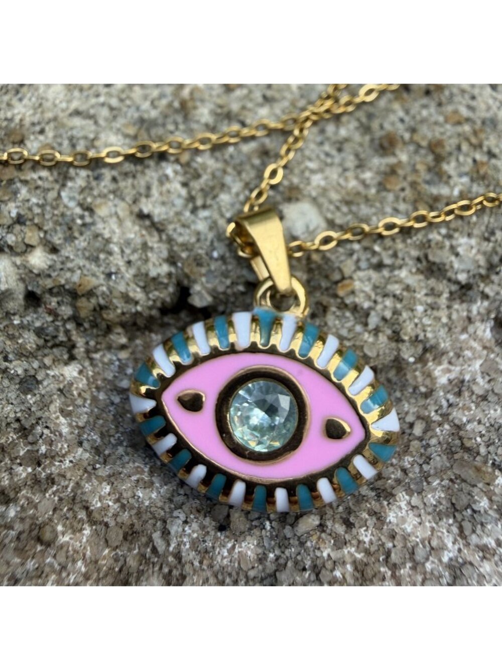 Ramla Pinky Blue Eye Necklace 18k GP Nazar Pendant Adjustable Chain Boho NEW